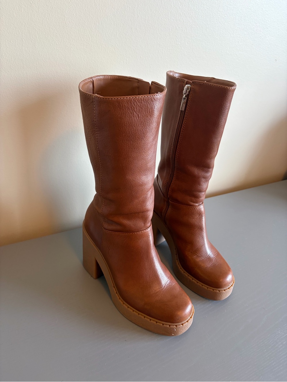 Women's Brown Leather Platform Mid-Calf Boots